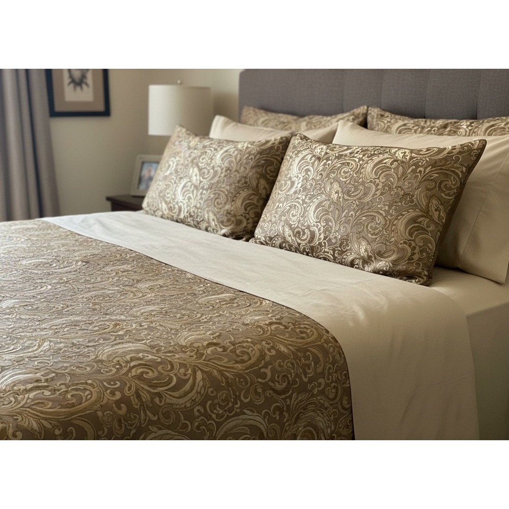 Regency Heights King Pillow Sham Bronze Gold Jacquard Damask Scroll Traditional‎